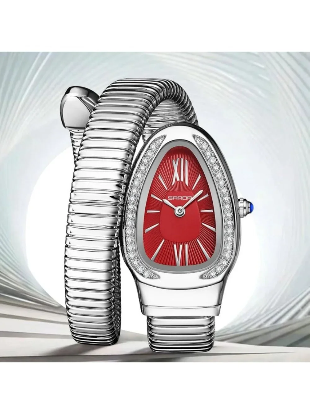 Women's Silver Red Elegant Wrap Around Bangle Fashion Snake Cuff Wrist Watches